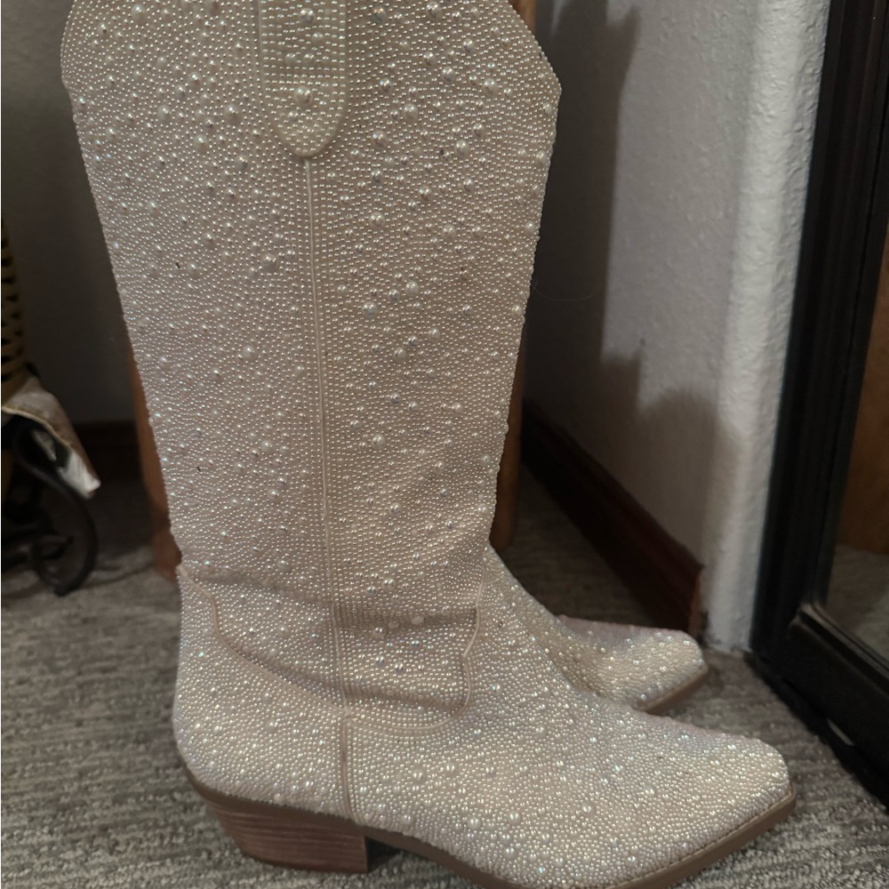 Betsey Johnson White Beaded Heeled Cowgirl Boots - A Country Bridal Dream!